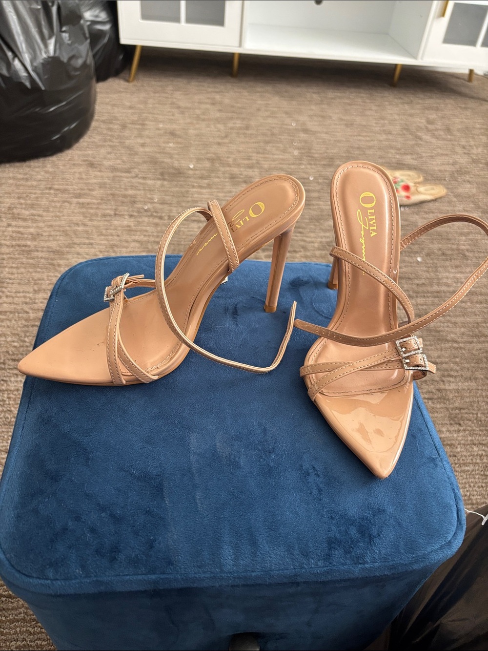Olivia + Joy Beige Patent Strappy Pointed Stiletto Sandals